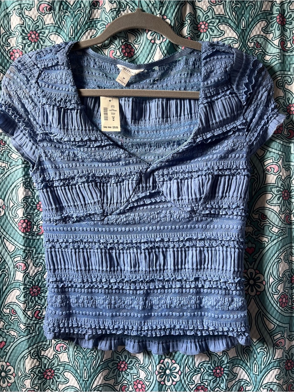 Aeropostale Light Blue Smocked Short Sleeve Top